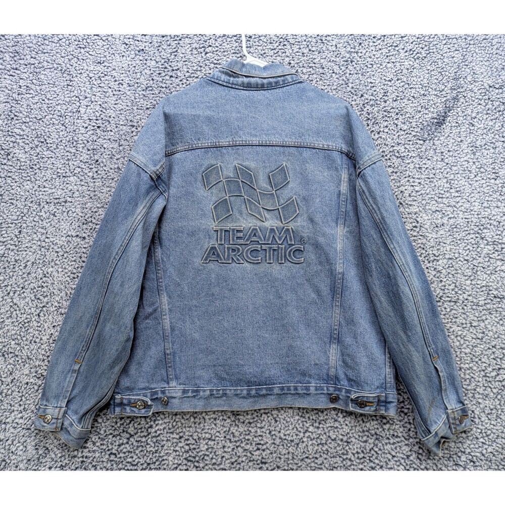 VTG Team Arctic Cat Snowboarding Denim Jacket Size LG Embossed Logo 90s USA Blue